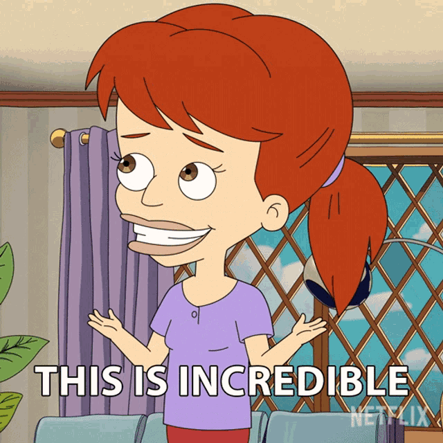 a cartoon of a woman with red hair and the words " this is incredible "