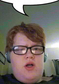a person wearing glasses and headphones has a speech bubble over their head