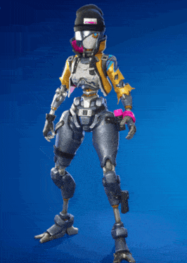 a robot with a beanie on has a pink sticker on his face that says " i love you "