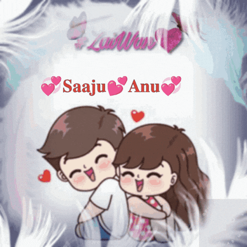 a cartoon of a man and woman hugging with the name saaju anu on the bottom