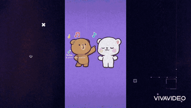 a video of two teddy bears on a purple background is being played on vivavideo
