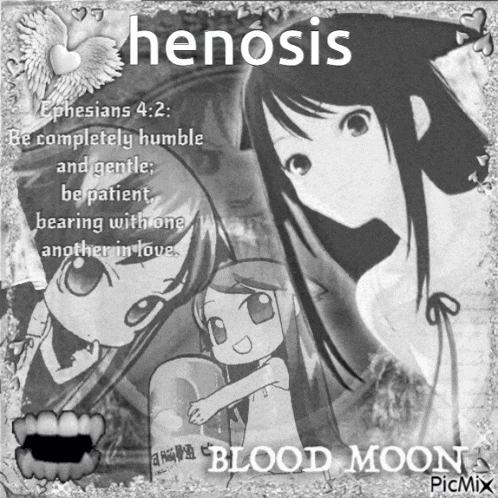 a black and white picture of a girl with the words henosis on top