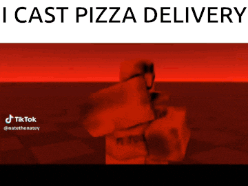 a red background with the words i cast pizza delivery at the top