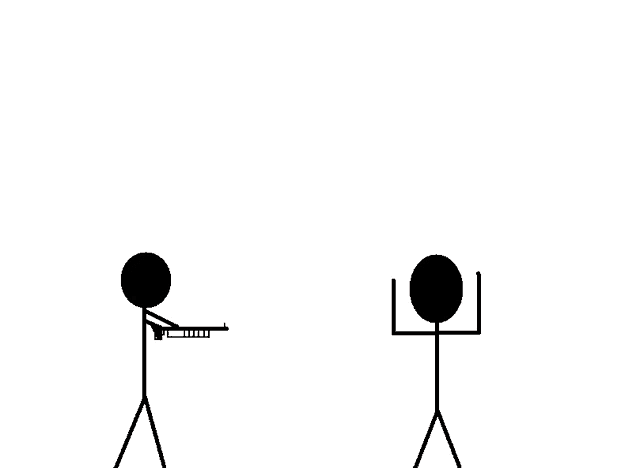 two stick figures are standing next to each other one is holding a gun and the other is holding a red ribbon