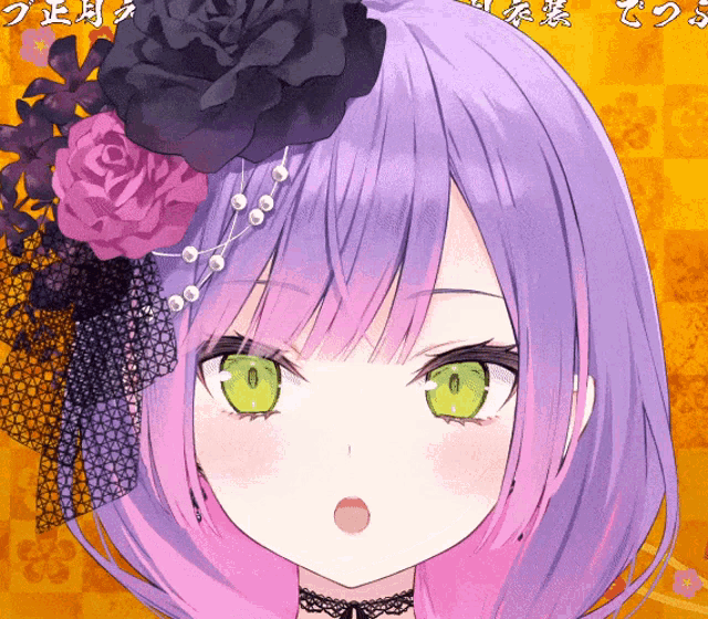 a girl with purple hair and green eyes is wearing a black flower in her hair
