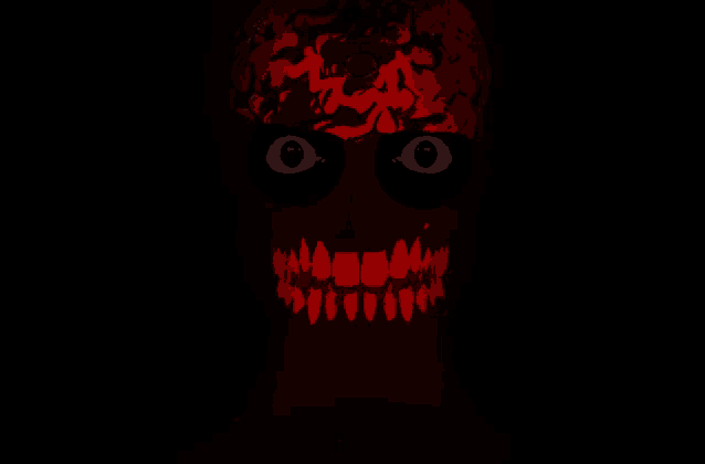 a red skull with glowing eyes and red teeth