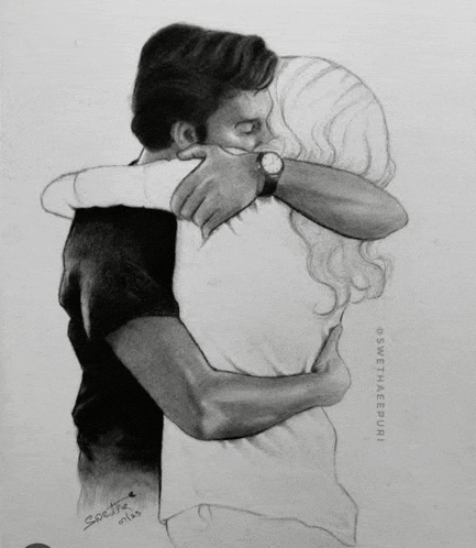 a black and white drawing of a man and woman hugging each other .