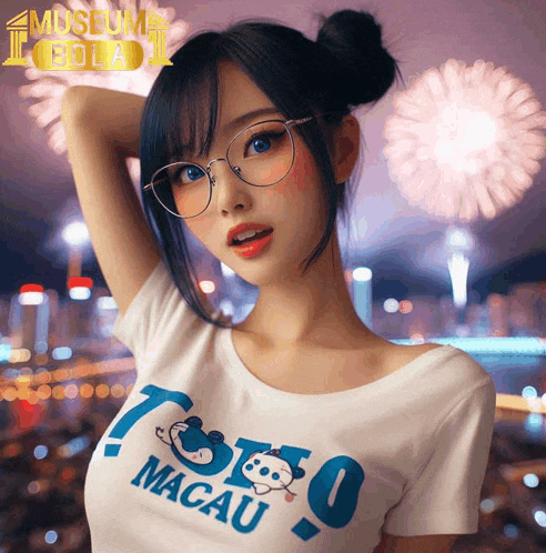 a woman wearing glasses and a toto macau shirt