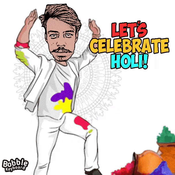 a cartoon of a man with the words let 's celebrate holi written above him