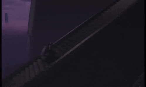 a person is walking down a set of stairs in a dark room .