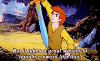 a cartoon of a boy holding a sword with the words but it takes a great warrior to handle a sword like this