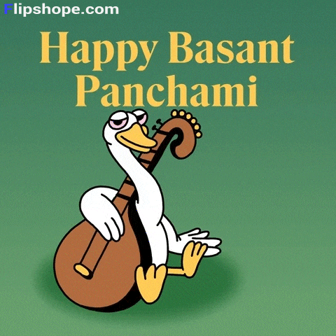 a cartoon of a duck playing a musical instrument with the words happy basant panchami written above it