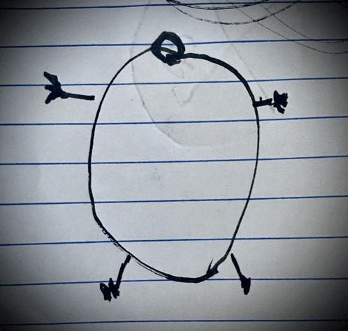 a black and white drawing of a turtle on a piece of lined paper