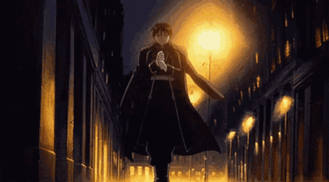 a man in a black coat is walking down a street
