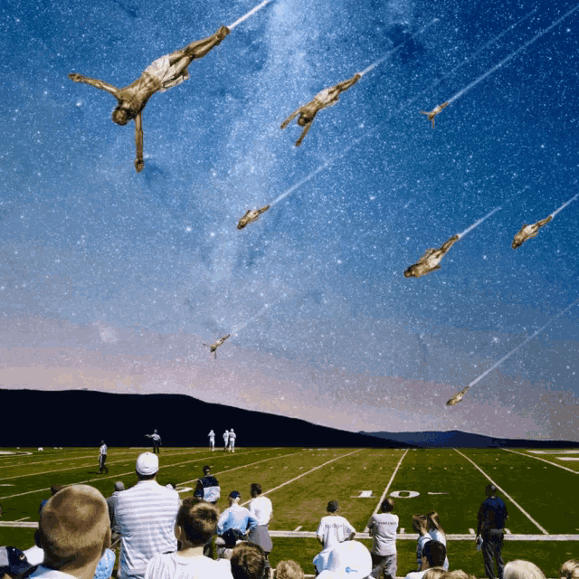 a group of people sitting on a football field watching a man jumping into the air