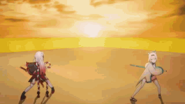 a couple of anime girls are standing next to each other and one has red eyes