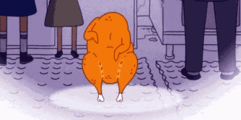 a cartoon of a chicken dancing in front of a crowd of people