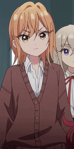 a girl with orange hair is wearing a brown sweater and a white shirt