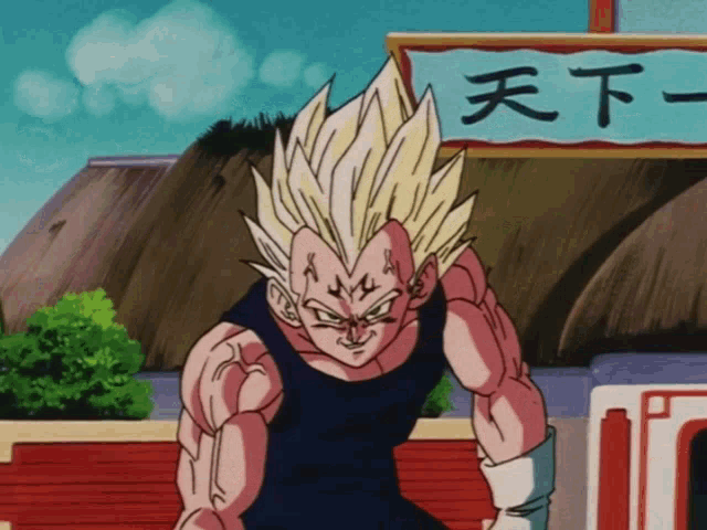 a cartoon character with chinese writing on a sign