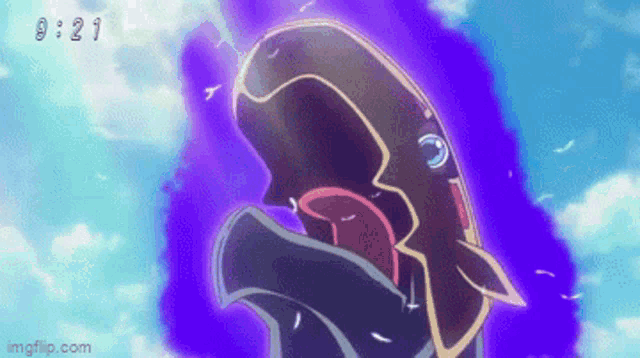 a cartoon character with a purple background and a whale 's mouth open .