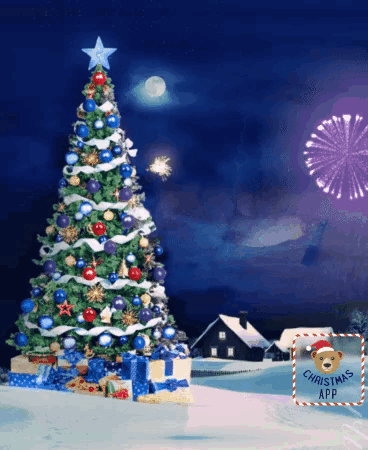 a christmas tree with gifts underneath it and a christmas app icon