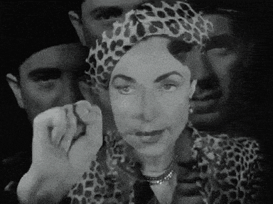 a woman in a leopard print shirt is surrounded by two men