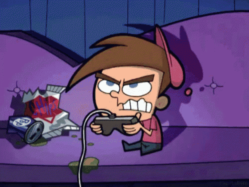 a cartoon character is playing a video game while sitting on a purple couch