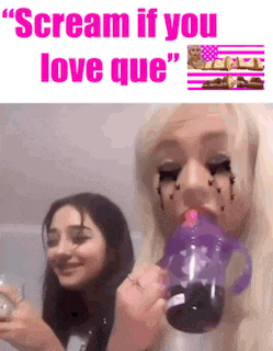 two girls drinking from a cup with the words " scream if you love que " on the bottom