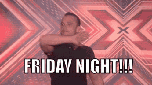 a man is dancing in front of a background that says friday night on it