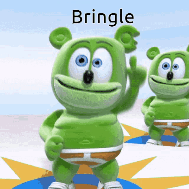 two green gummy bears are standing next to each other with the word bringle above them