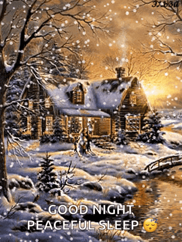 a painting of a house in the snow with the words good night peaceful sleep