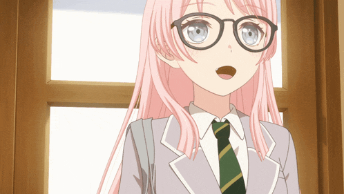 a girl with pink hair and glasses looks surprised