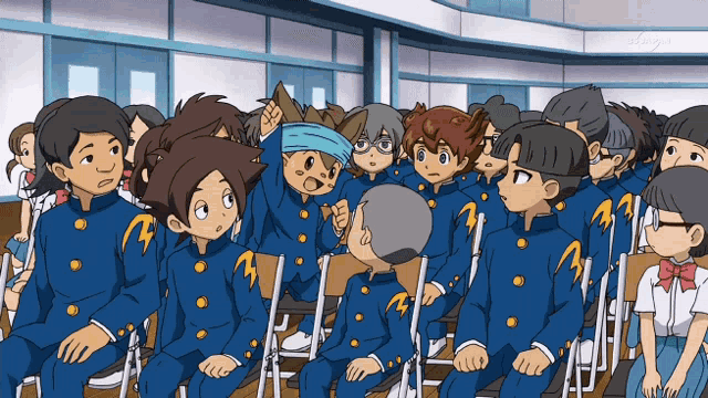 a group of cartoon characters are sitting in a classroom and one of them is raising his fist in the air
