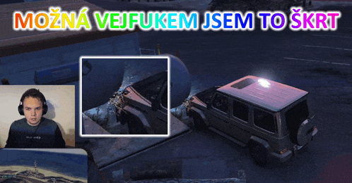 a man wearing headphones sits in front of a screen that says mozna veifukem jsem to skrt