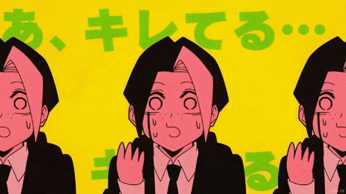 three cartoon characters are standing next to each other on a yellow background with green letters