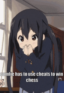 a picture of a girl with a caption that says ' zombie has to use cheats to win chess '