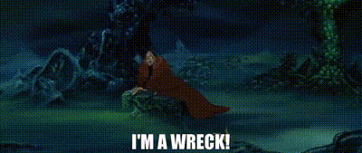 a cartoon character is standing in a swamp and saying `` i 'm a wreck '' .