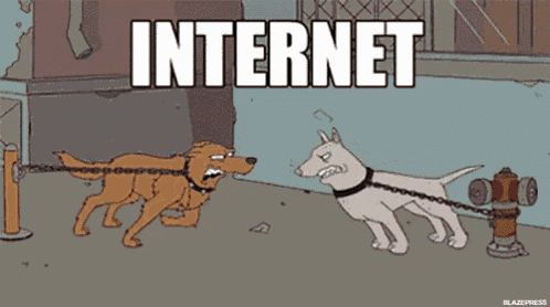 a cartoon of two dogs chained to a fire hydrant with the word internet written above them