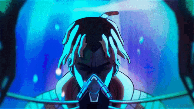 a cartoon character wearing a gas mask and headphones