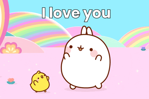 a cartoon bunny says i love you next to a small yellow chick