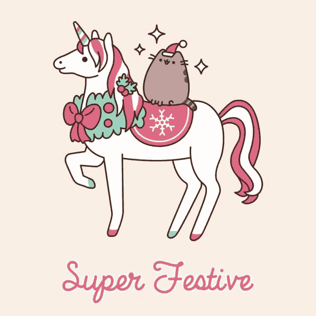 a cat is riding on the back of a unicorn with the words super festive written below it