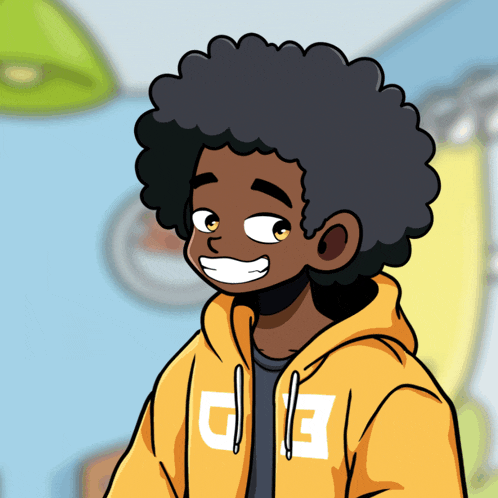 a cartoon drawing of a boy wearing a yellow hoodie with the letter d on the front
