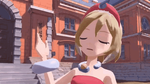 a girl in a red dress stands in front of a brick building with a sign that says ' a ' on it