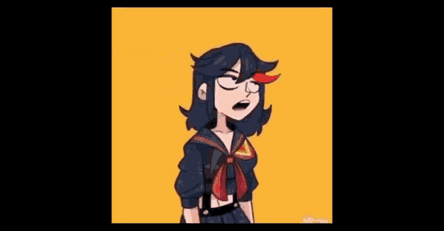 a cartoon drawing of a girl in a school uniform with her hands on her hips .