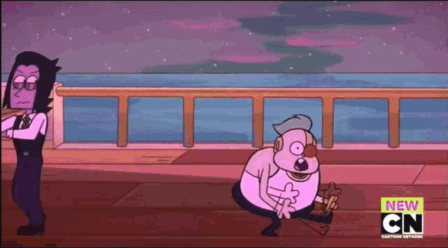 a cartoon of a man standing next to a cartoon character that says new cn on the bottom