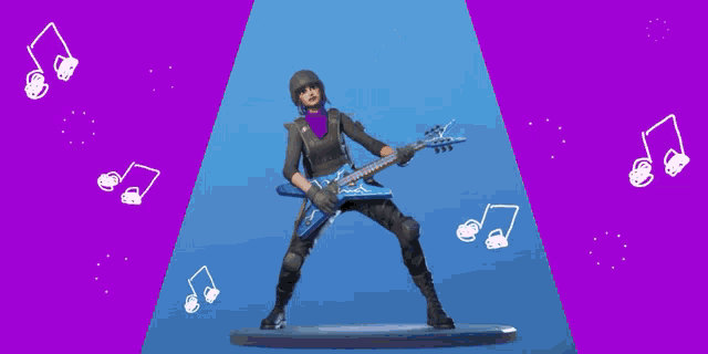 a video game character is holding a guitar with music notes around him