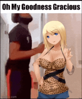 a man is standing next to a blonde anime girl who is wearing a leopard print top and shorts