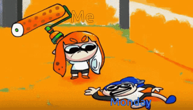 a cartoon of a squid holding a paint roller with the words me and monday written on the bottom