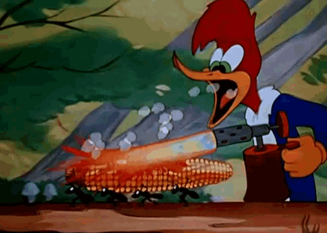 woody woodpecker is holding a torch and cutting corn on the cob