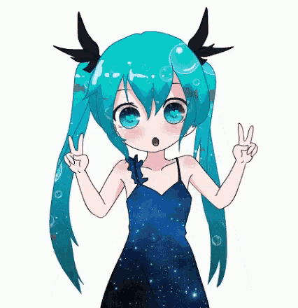 a drawing of a girl with blue hair and a blue dress